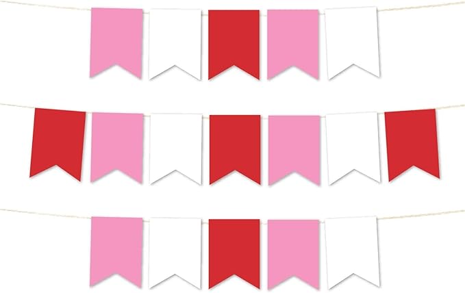 Andaz Press Hanging Pennant Banner with String, Pink, White, Red, 1-Set, 24 Pennants, Approx. 12-Feet Long, Valentine's Theme Colored Supplies