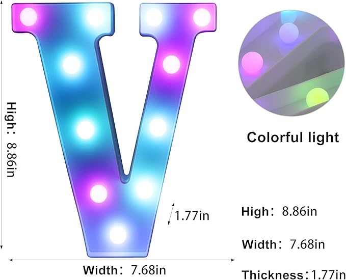 Foaky Colorful LED Letter Lights with Remote,Marquee Light Up Letters Sign for Night Light Wedding/Birthday Party Battery Powered Christmas Lamp Home Bar Decoration(V)