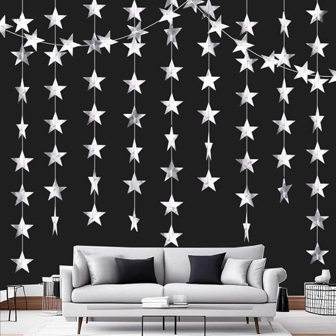 Silver Shining Star Hanging Garland Silver Hanging Sparkling Star Streamer Glitter Bunting Banner Twinkle Backdrop for Wedding Baby Shower Birthday Christmas Decorations 40 Feet