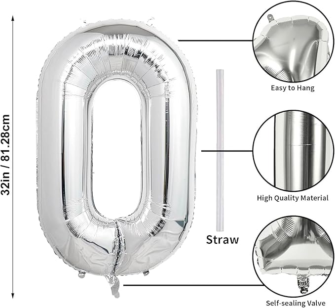 32 In Silver Large Numbers Balloons 0-9, Self Inflating Number 0 Balloons for Boys Girls, Big Silver Digit 0 Balloons for Women Men Birthday Party Anniversary Wedding Supplies Decorations