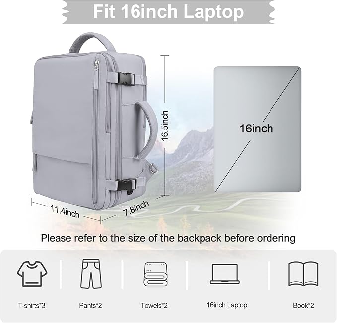 Hanples Large Travel Backpack for Women as Person Item Flight Approved, 35L Carry on Backpack,17 Inch Laptop Backpack with USB Charging Port, Travel Essentials with 2 Toiletry Bags (Gray)