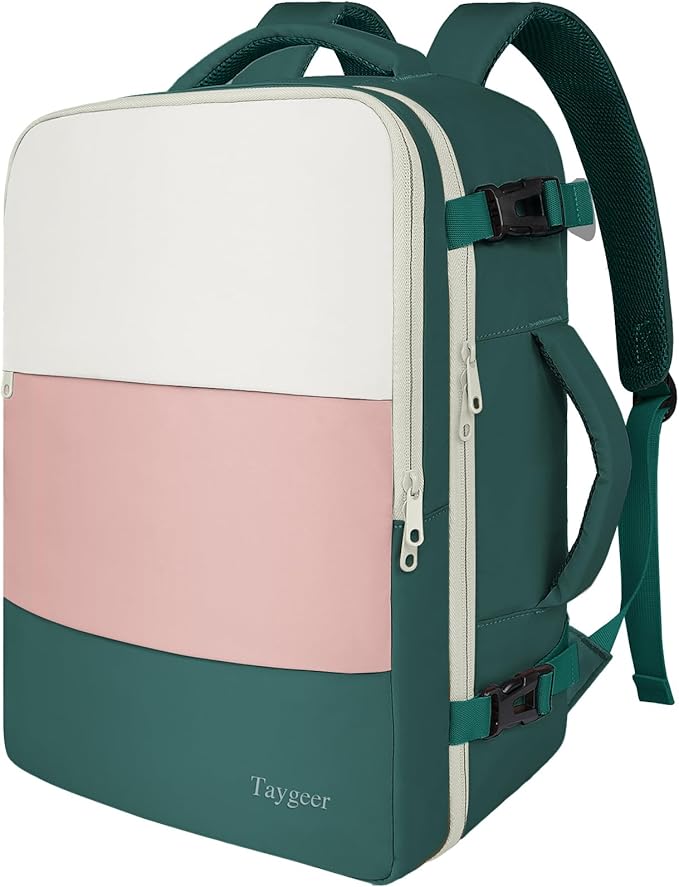Taygeer Carry On Backpack, 35l Travel Backpack for Women Airline Approved, Cute Underseat Personal Item Travel Bag With Shoe Compartment, Casual Daypack Gifts for Friend Weekend, Beige Peacock Pink