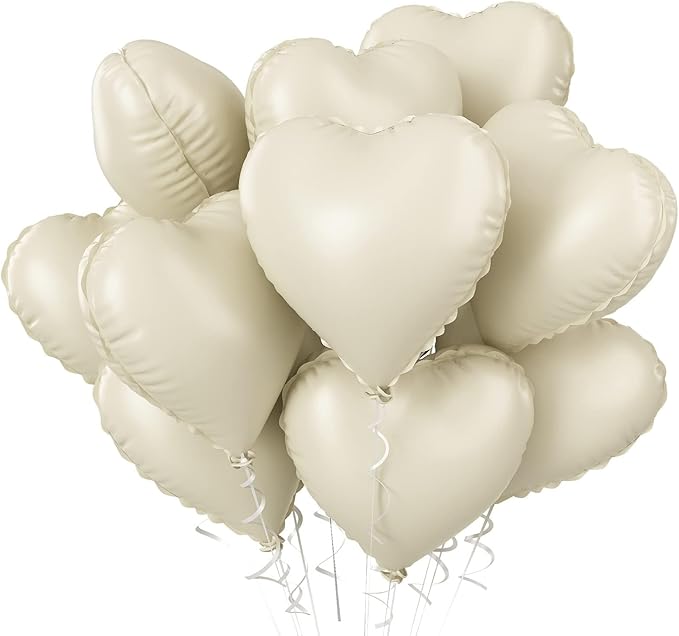 Cream Heart Balloons, 10PCS Cream White Foil Heart Shape Balloons, 18inch Beige Foil Valentine Balloons for Helium Nude Neutral Love Balloon for Valentines Day, White Wedding, Brithday Decorations