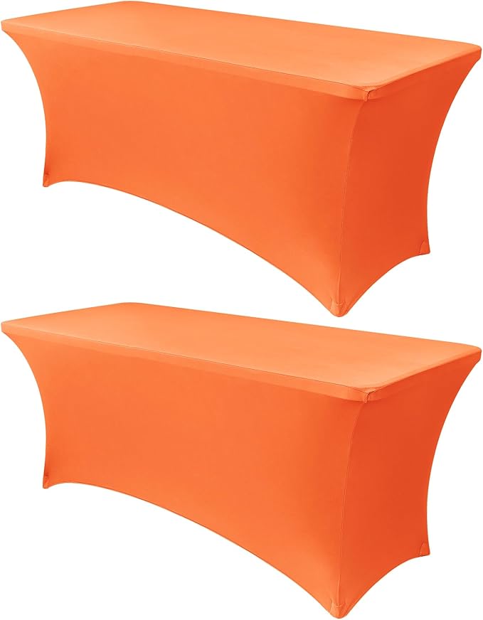Obstal 8Ft Stretch Spandex Table Cover for Standard Folding Tables - 2 Pack Universal Rectangular Fitted Tablecloth for Party, Banquet, Events, Trade Show (Orange, 96L x 30W x 30H Inches)