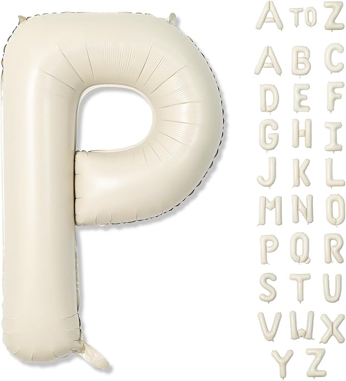 Giant Alphabet P Foil Name Balloons, Cream Ivory White Inflatable Word Balloons P Letters Birthday Decor, 40 Inch Mylar Beige A-Z Custom Letter Balloons for Girls Baby Shower Party Decoration Supplies