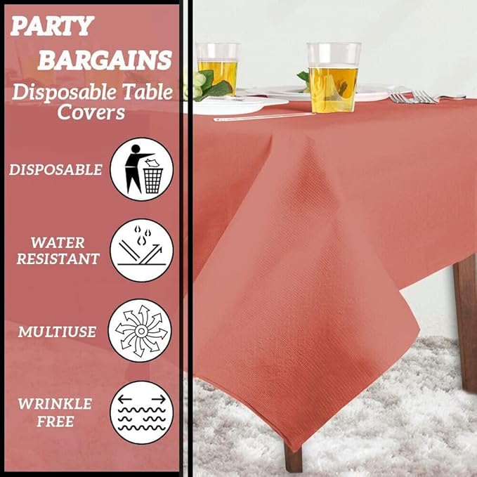 PARTY BARGAINS Disposable Table Covers, 54 x 108 Inch, Red, 3-Ply Paper & Plastic Spill-Resistant Party Tablecloths, 1 Pack