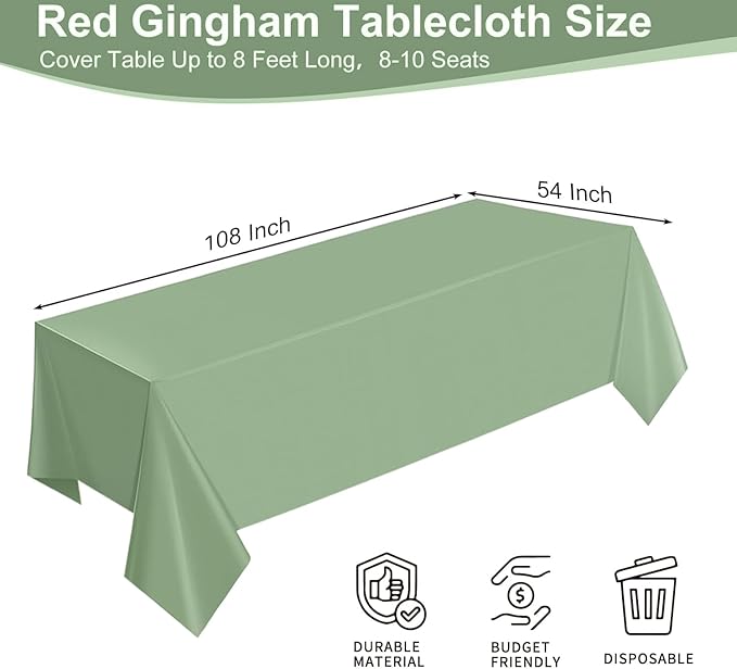 2 Pack Sage Green Plastic Tablecloths for Rectangle Tables Waterproof Sage Green Table Cover for Birthday Bridal Wedding Baby Shower Party Decorations, 54 X 108Inch