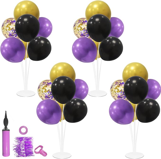Halloween Decorations Balloon Stand with Purple Black and Gold Balloons Balloon Centerpieces for Birthday Bridal Shower Wedding Retirement Graduation New Years (Purple black gold set4)