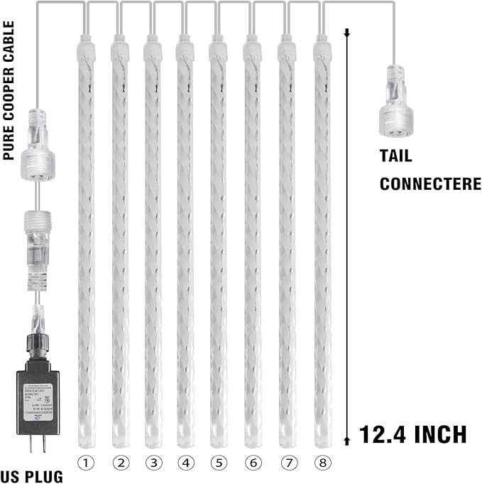 Dazzle Bright Christmas Lights Outdoor, 288LED Meteor Shower Rain Lights 12 Inch 8 Tubes, Waterproof Plug in Falling Icicle Light Christmas Decorations for Xmas Tree Yard House Decor (White)