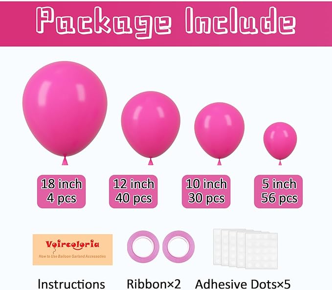 130pcs Hot Pink Balloons Different Sizes 18" 12" 10" 5" Dark Pink Balloons for Birthday Graduation Baby Shower Wedding Anniversary Princess Theme Party Valentine's Day Decorations