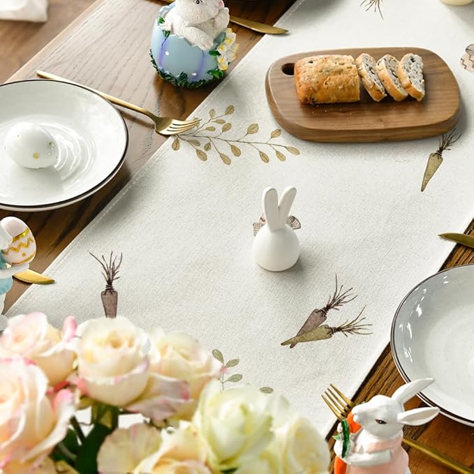 Artoid Mode Carrots Rabbit Bunny Happy Easter Table Runner, Spring Summer Seasonal Holiday Kitchen Dining Table Decoration for Indoor Outdoor Home Party Decor 13 x 108 Inch
