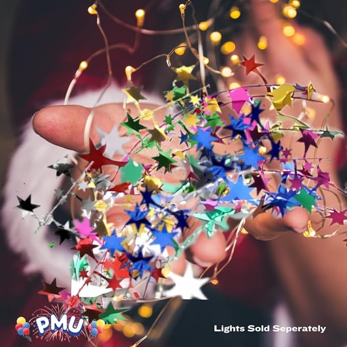 PMU 25 Ft Star Garlands with Wire, Shiny Metallic Garland for Christmas Party, Wedding, Birthday, Halloween Festive Home Decoration Ornament, Multi Color