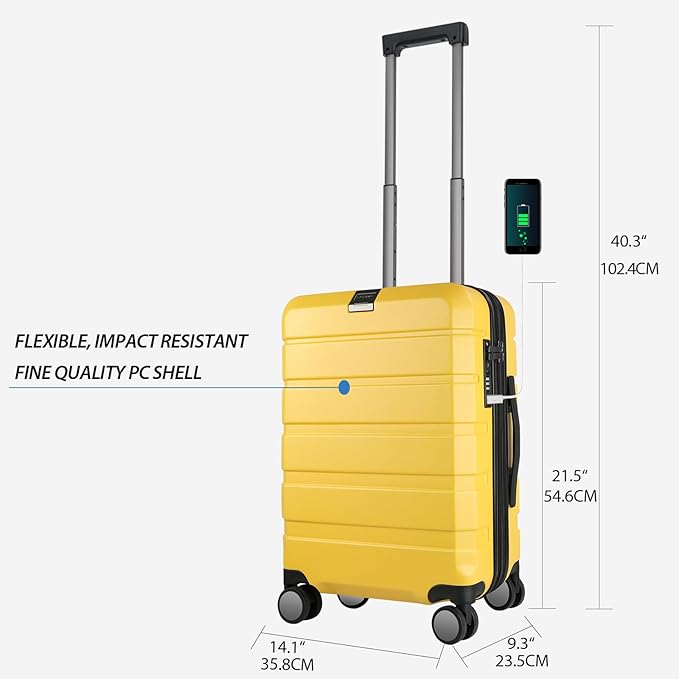 KROSER Hardside Expandable Carry On Luggage with Spinner Wheels & Built-in TSA Lock, Durable Suitcase Rolling Luggage with USB Port, Carry-On 20-Inch Yellow