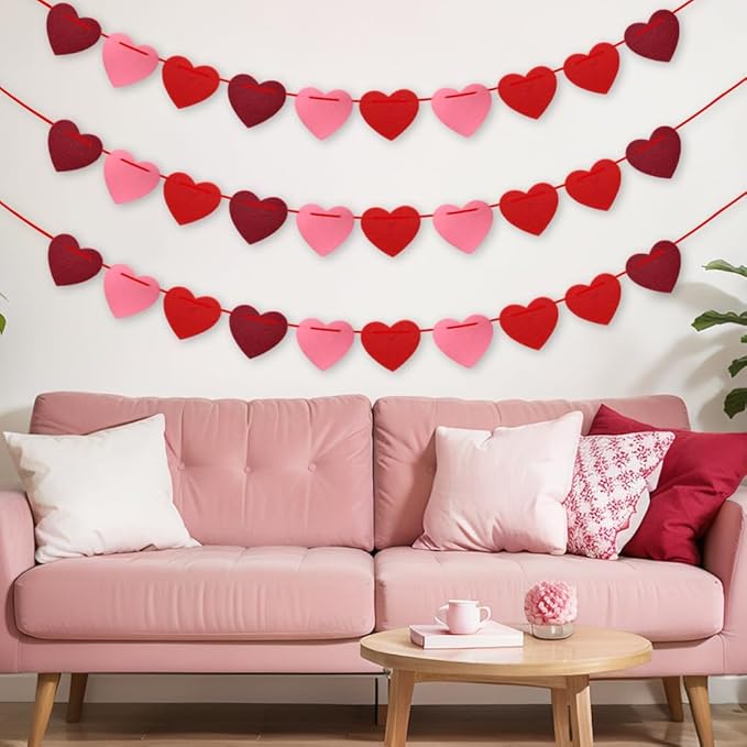 Valentines Day Decorations, 6 Strips Valentines Day Garland - Felt Heart Garland Banner for Mantle, Wall, Party Valentine Decorations - Hanging Hearts Decorations for Valentine Decor