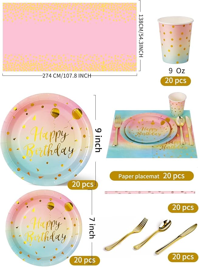 Birthday Party Tableware, 161 Pieces Rainbow gold Party Supplies, Party Dinnerware Sets Include Paper Plates Napkins Cups Silverware, for Shower Engagement Parties Decoration -20 Serves
