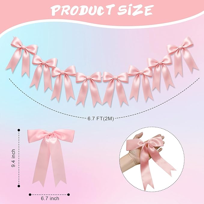 1 String of 8PCS Pink Bow Garland Banner Decoration,Pre-Strung Satin Ribbon Ornaments for Birthday,Bachelorette Party,Bridal Shower,Wedding,Engagement,Baby Shower,Graduation Decor,Anniversary