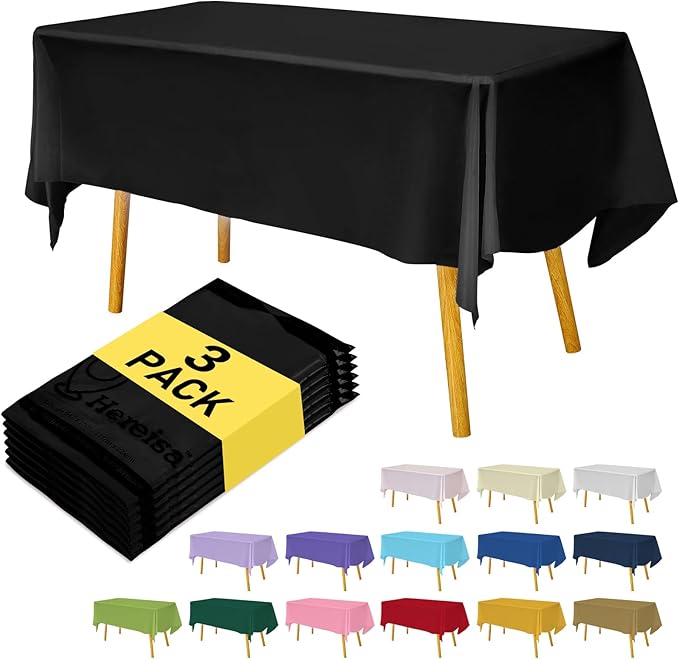 Plastic Black Tablecloths 3 Pack Disposable Table Covers 54 x 108 Inches Pitch Onyx Black Table Cloths for Parties Birthdays Weddings Anniversary BBQ Picnic, Fits 6 to 8 Foot Rectangle Tables