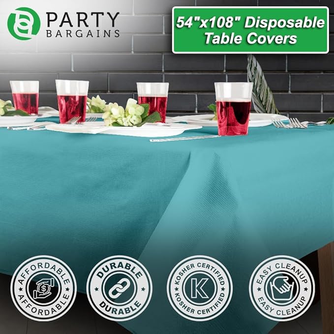 PARTY BARGAINS Disposable Table Covers, 54 x 108 Inch, Turquoise, 3-Ply Paper & Plastic Spill-Resistant Party Tablecloths, 10 Pack