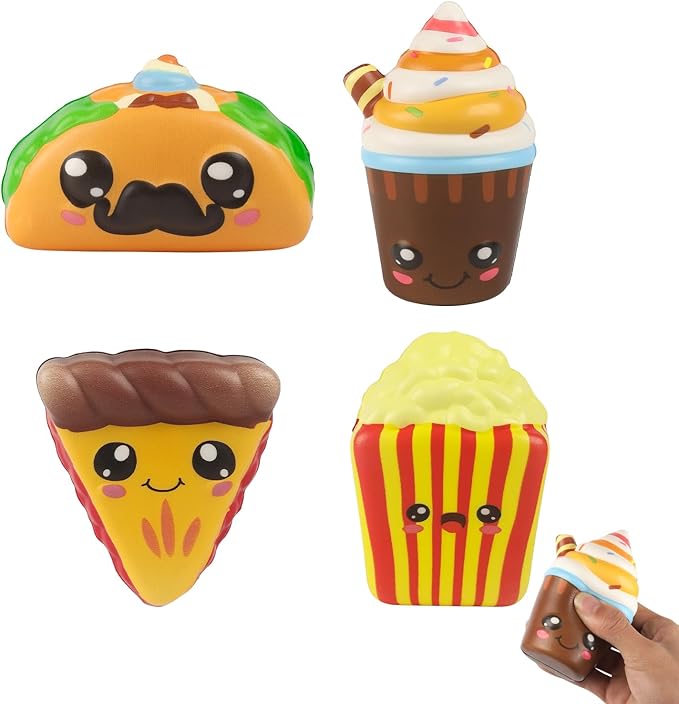 4 Pcs Slow Rising Food Toys for Kids, Kawaii Foam Squishy Toys in Taco Hamburger Coffee Cup Pizza Stress Relief Squeeze Toy for Holiday Carnival Goodie Bag Stuffers