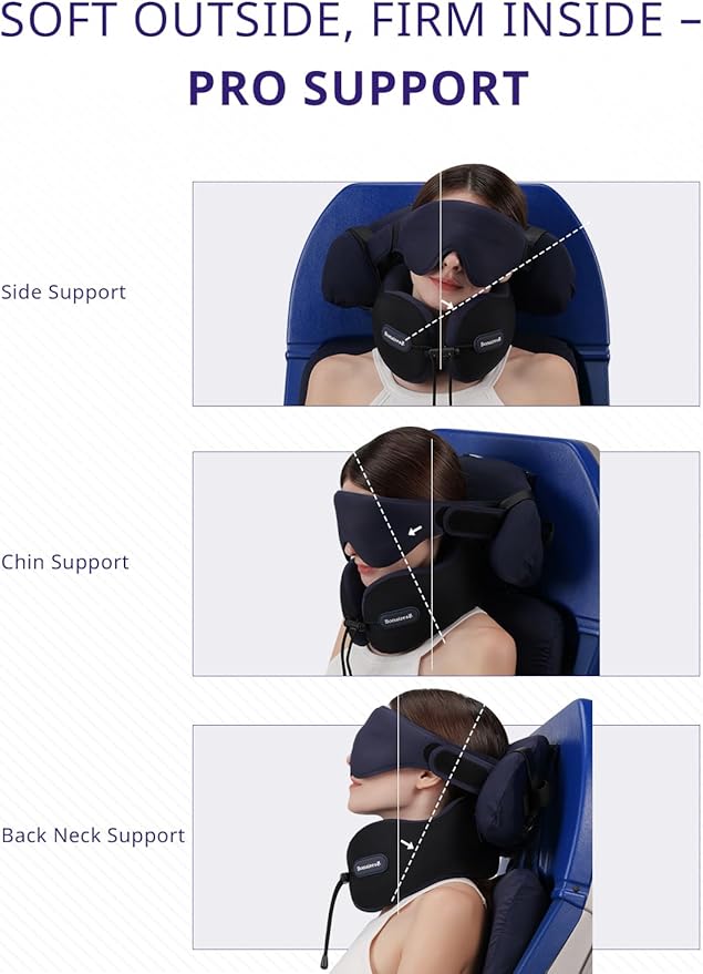 Travel Pillow, Neck Pillow Airplane with 3D Eye Mask & Seat Strap for Long Flight Sleep Road Trip, Dual-Density Supportive Foam, 360°Support Head, Neck & Chin Travel Essential Black & Purple