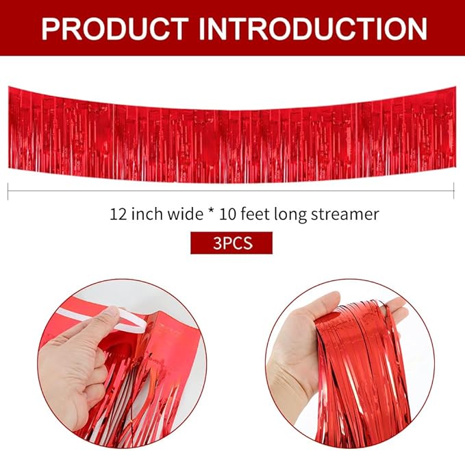 BEISHIDA 3 Packs 30 Feet Metallic Foil Fringe Garland Tinsel Streamers，Shiny Red Wall Hanging Tinsel Fringe Banners for Wedding Birthday Party Decoration Halloween Christmas New Year