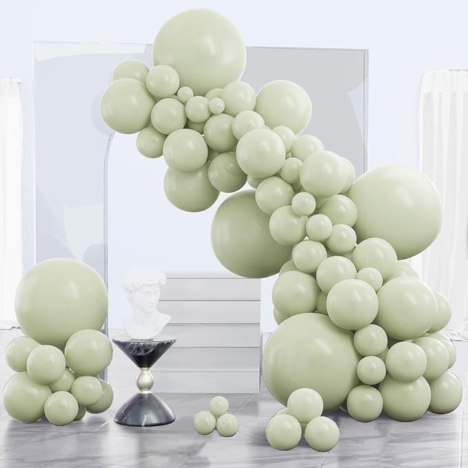 PartyWoo Sage Green Balloons 140pcs Different Sizes of 18 12 10 5 Inch Dusty Boho Green Latex Balloon Arch Kit for Wedding Birthday Dinosaur Jungle Golf Football Theme Party Decorations Green-F32