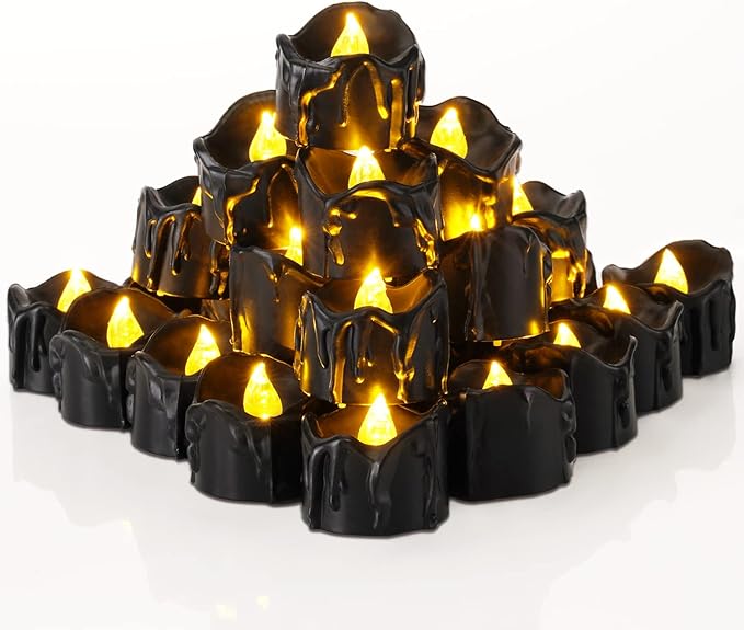 Homemory 24-Pack Halloween Black Dripping Flameless Tea Lights, Battery Operated Flickering LED Candles, Safe for Pumpkins, Party & Holiday Decor, 1.58" D x 1.2" H, Warm White Glow