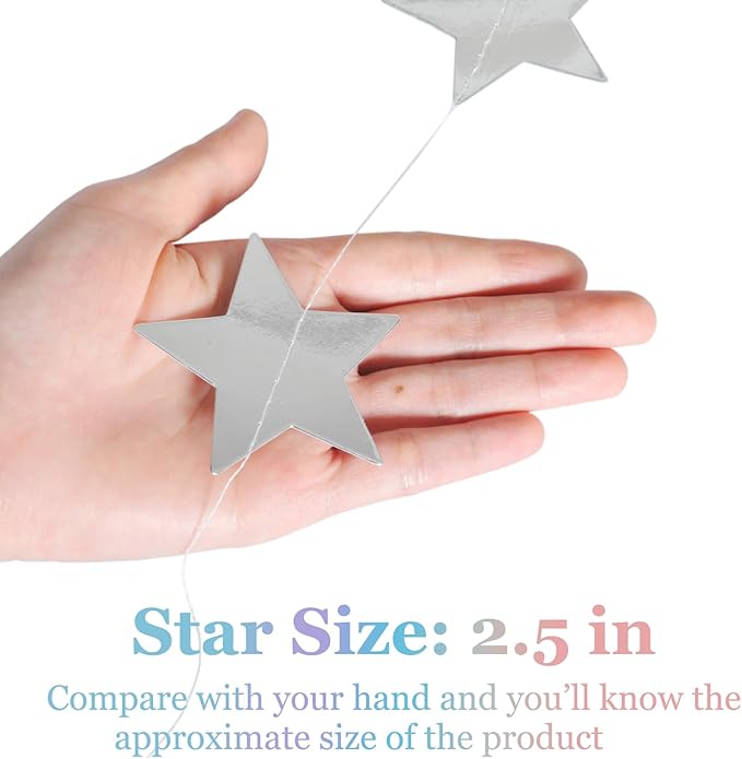 Yzurbu Silver Star Garland, 78 Feet Double Side Hanging Sparkly Paper Star Banner Decorations for Birthday Wedding Engagement Baby Shower Christmas Thanksgiving Halloween