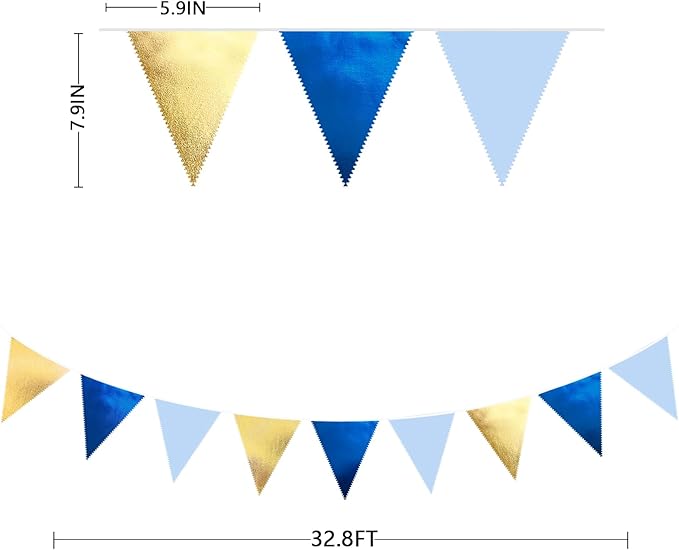 Gold Blue Party Decoration Gradient Blue and Gold Triangle Pennant Banner Flag Metallic Fabric Bunting Garland for Nautical Ahoy Achor Birthday Graduation Retirement Wedding Baby Shower Party Supplies