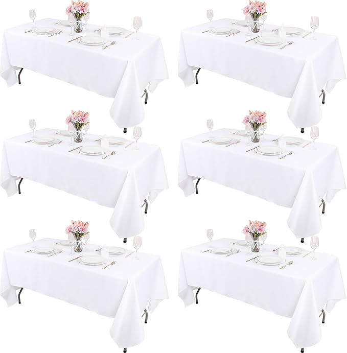 Kesfey 6 Packs White Table Cloths Rectangle 70 x120 inch Washable Polyester Fabric White Tablecloths for 6-8 Ft Tables Stain and Wrinkle Resistant Reusable Table Covers for Parties Wedding Banquet