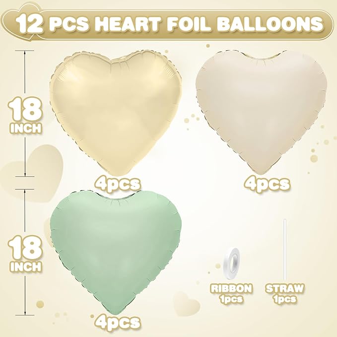 Sage Green Gold Heart Balloons,12Pcs Light Gold Heart Shaped Foil Balloons,18Inch Cream White Helium Balloon for Baby Shower Birthday Anniversary Wedding Party Decorations
