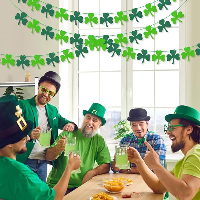 AKEROCK St Patricks Day Garland, Pre-Stung Hanging Felt Shamrock Garland for Wall, Fireplace Mantle Decor - St Patricks Day Decorations for The Home - 6 Saint Patricks Day Banners, 12 Pcs of Each