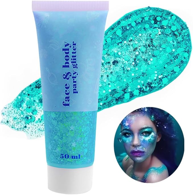 Go Ho Teal Body Glitter Gel,Mermaid Teal Face Glitter Makeup,Holographic Long Lasting Chunky Sequins Glitters for Lip Hair Nails,Festival Accessories,52g