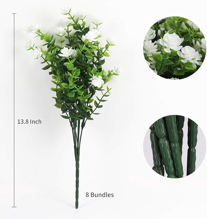 RECUTMS Artificial Flowers, Fake Boxwood Outdoor UV Resistant Plants Artificial Springs Flowers Eucalyptus Greenery Shrubs Bridal Wedding Bouquet for Home Garden Party Wedding Decoration(White)