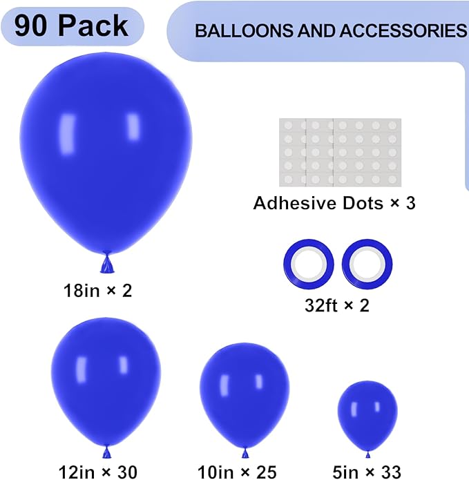 90pack Royal Blue Balloons Different Size 18/12/10/5 Inch Blue Balloon Garland Arch Kit for Graduation, Wedding, Birthday, New Year, Baby Shower, Baseball, Nautical Party Decorations