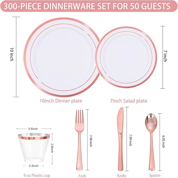 WELLIFE 300 PCS Rose Gold Dinnerware Set for 50 Guests, Valentine's Day Plate, 50 Dinner & Salad Plates,Cups, Forks Knives Spoons for Wedding Reception and Mothers Day Plates