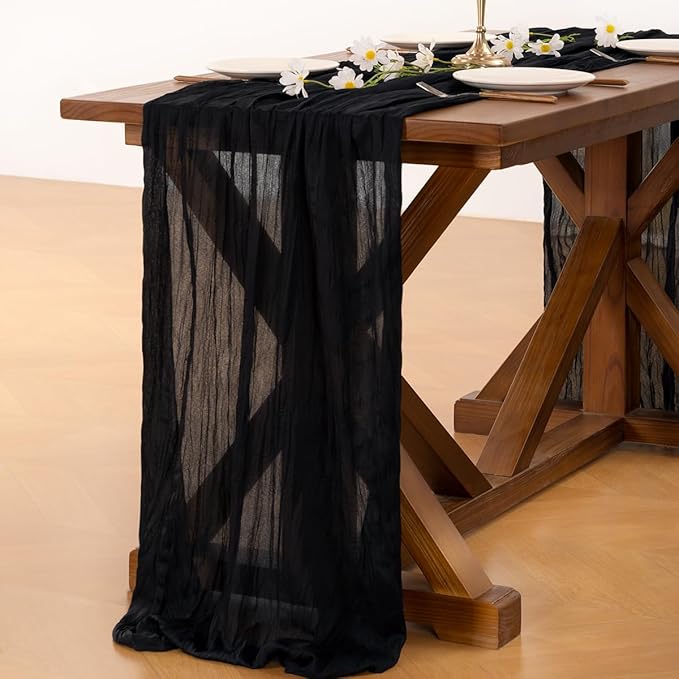 Socomi 10pcs Black Cheesecloth Table Runner Boho Rustic Gauze Easter Spring 120 inch 10FT Cheese Cloth Runner for Wedding Party Baby Shower Birthday Home Decor Holiday Decorations