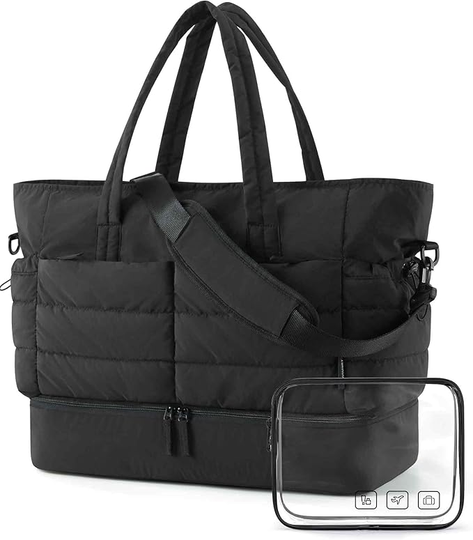 BAGSMART Large Travel Duffel Bag with Shoe Compartment, Puffer Carry-On Gym Weekender Bag for Women, Charcoal