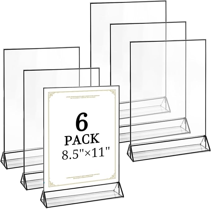 Floroom 6 Pack 8.5x11 Inch Clear Acrylic Sign Holders, Double-Sided Black Display Stand Picture Frames for Table Numbers, Menus, Flyers, Weddings, and Offices