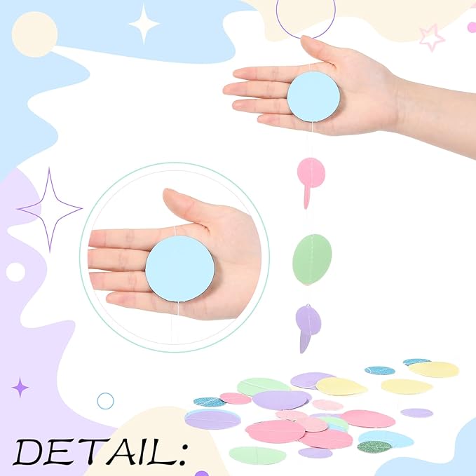 Outus 5 Pieces Colorful Dots Paper Garland Easter Decor Round Glitter Hanging Confetti Streamers Backdrop for Spring Birthday Classroom Halloween Trunk or Treat Car Decoration (Pastel)