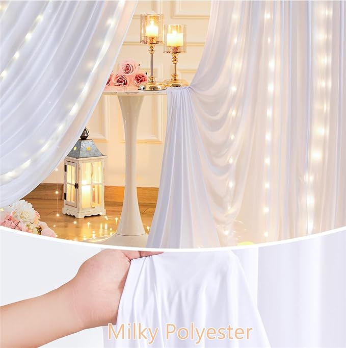 20 x 10ft White Backdrop Curtains with Lights String for Wedding Polyester Photo Backdrop Drapes Wrinkle Free White Long Curtains for Birthday Parties Reception Baby Shower Ceremony-10 x 5ft x 4Panels
