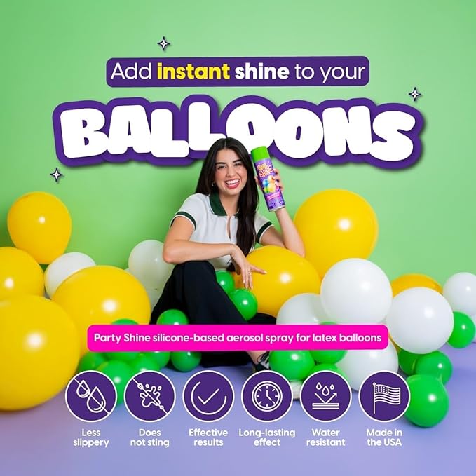 Party Shine Balloon Shine Spray, Silicone Spray for Latex Balloons, Balloon Spray Shine, Waterproof, Fragrance-free and Less Slippery Formula, Perfect for Balloon Décor, Parties, Events, 13oz (1 Pack)