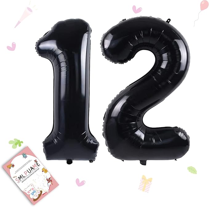 Smlpuame 40 inch Number Balloon 0-9 Black Large Number 12 Balloons,Digital Balloons for Birthday Party Celebration Decorations Supplies, Helium Foil Number Balloons for Wedding Anniversary