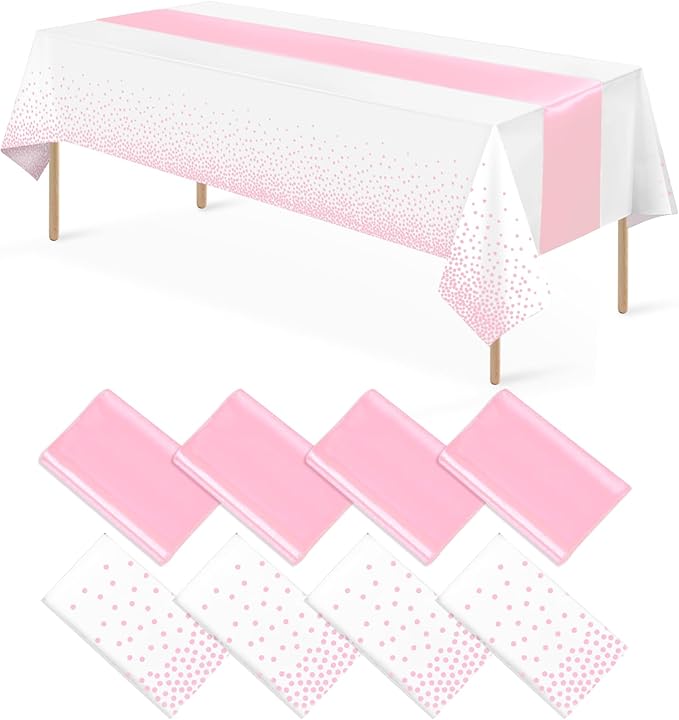 8Pack Disposable Plastic Tablecloths and Satin Table Runner Set White Pink Dot Table Cloth Gold Satin Table Runner for Graduation Wedding Birthday Baby Shower Anniversary Holiday Party Decorations