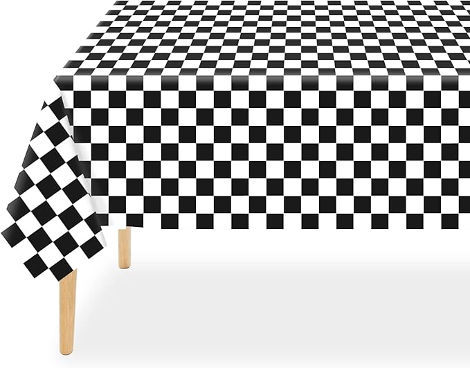 QIKSION Checkered Tablecloth Disposable 6 Pack, 54 x 108 Inch Black and White Checkered Flag Table Cloth for Race Car Decorations, Birthday Party Supplies, Rectangle, Plastic Table Cover