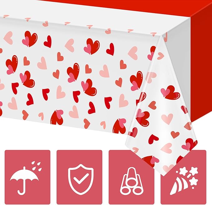 2 Pcs Valentines Plastic Tablecloth 108x54 Inch Love Heart Disposable Table Cloth Red White Rectangle Table Cover for Valentines Day Anniversary Engagement Party Decorations Supplies