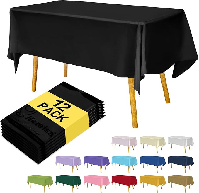 Premium Disposable Table Cloth - 12 Pack, 54 x 108 Inch Table Cloths for Parties, Decorative Tablecloths for Rectangle Tables, Black Plastic Table Cover, Leakproof & Sturdy, Black