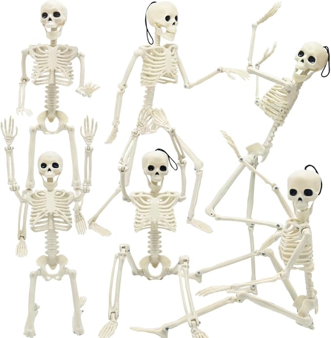 6 Packs Halloween Skeletons, 16 Inch Posable Skeletons Halloween Decorations with Movable Posable Joints, Full Body Mini Plastic Skeleton for Yard Garden Lawn Haunted House Graveyard Props Decor