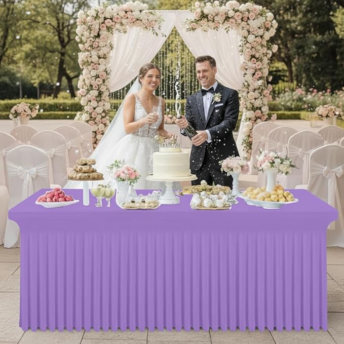 Smiry Spandex Tablecloth 2 Pack, Elastic Fitted Stretch Tablecloth for 8FT Rectangle Tables, Waterproof Washable Table Cover Skirt for Wedding, Banquet & Parties (Lavender, 96Lx30Wx30H Inch)