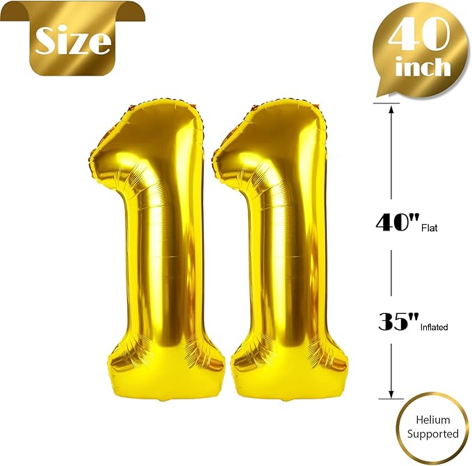 Gold Number 11 Balloon 40 Inch, 11th Birthday Party Decorations for Children, Giant 11 Foil Balloon for Party Supplies